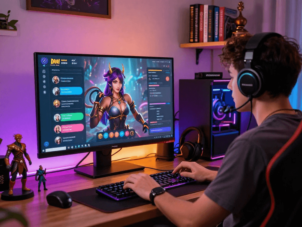 Engaging ai porn chat environment showcasing interactive character on screen amidst a vibrant gaming setup.
