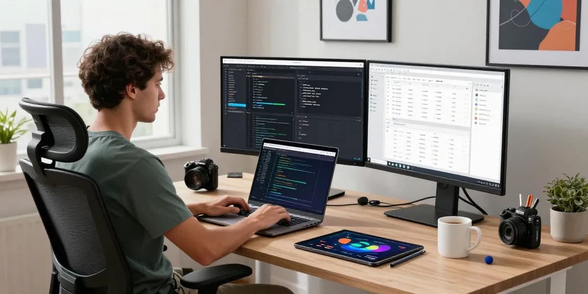 Developer utilizing crush ai technology in a modern tech workspace, showcasing code and project management tools.