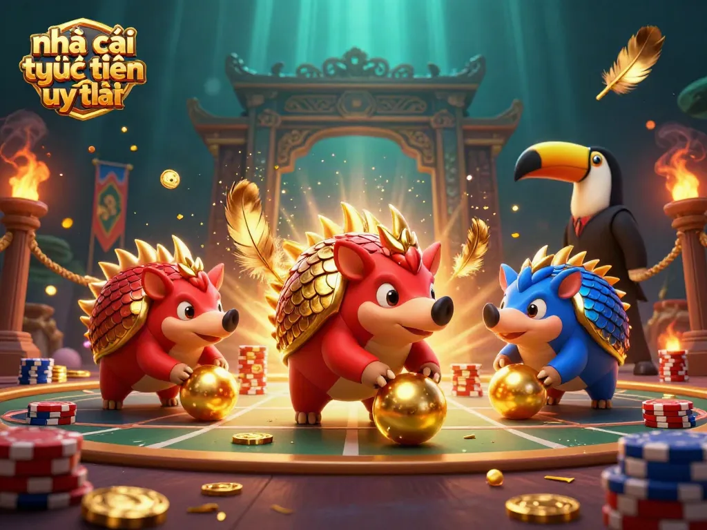 Experience the excitement with nhà cái trực tuyến uy tín in a lively casino scene featuring animated pangolins and confetti.