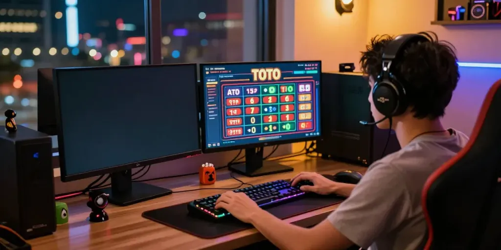 An engaging online gaming scene featuring the user focused on the SERIBUTOTO platform for Toto gambling.