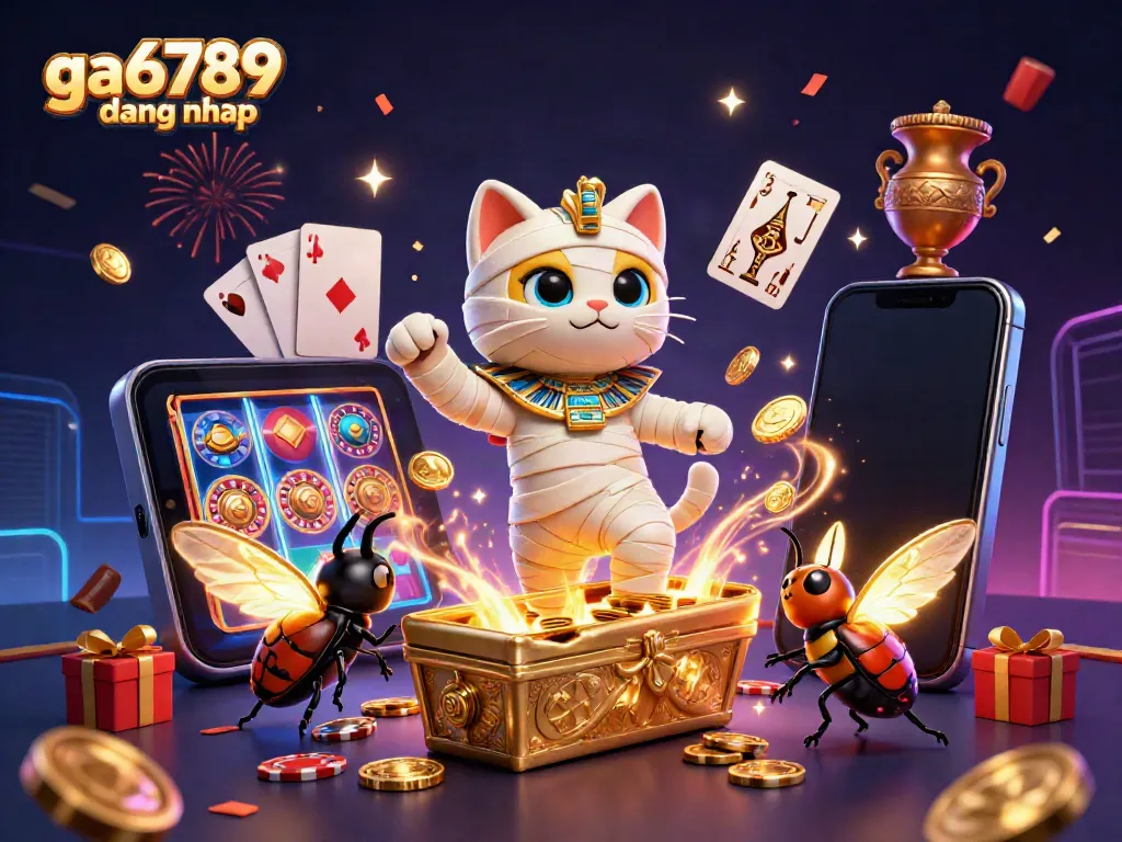 Experience ga6789 dang nhap with a dynamic scene showcasing a cartoon mummy cat and gaming elements in a pyramid casino.