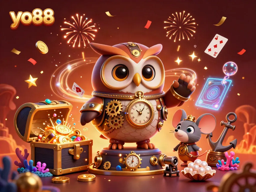 Win big with yo88 in this vibrant 3D casino scene filled with exciting game elements and characters.