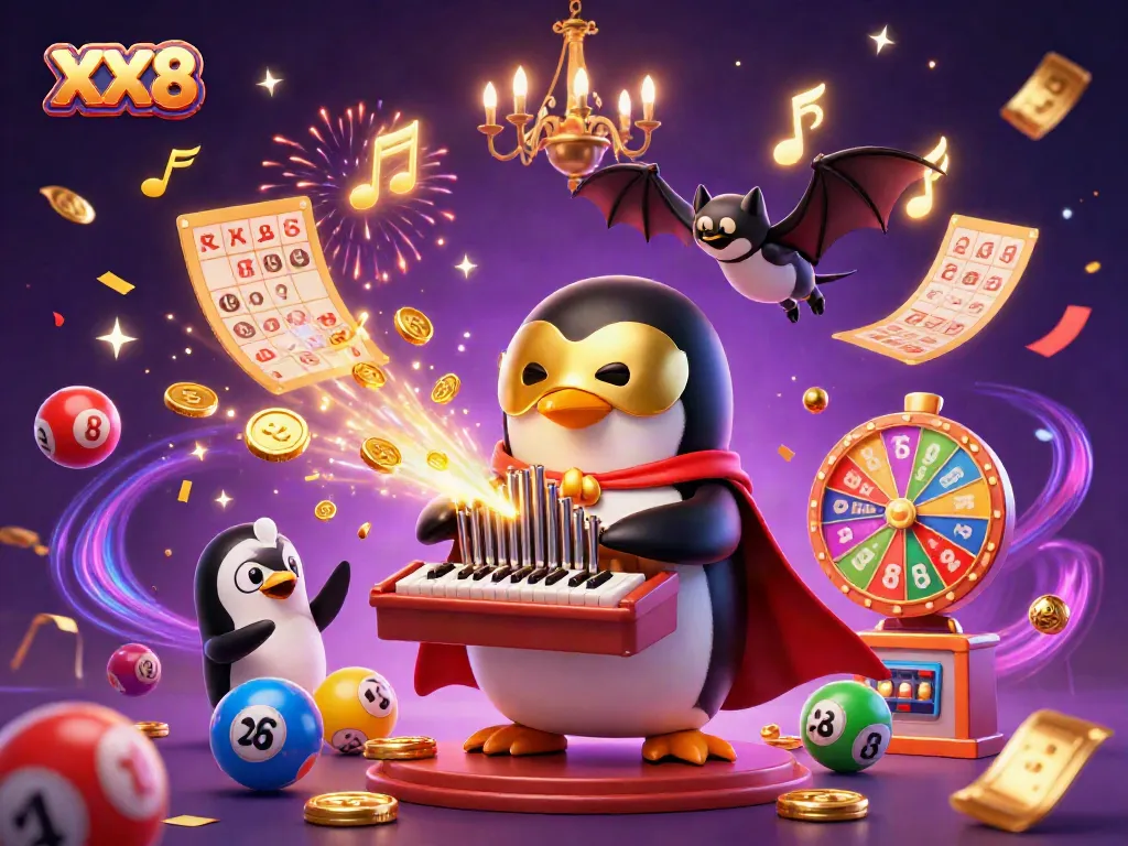 Experience the thrills of XX8 in a vibrant 3D casino scene featuring an opera penguin and dynamic elements.