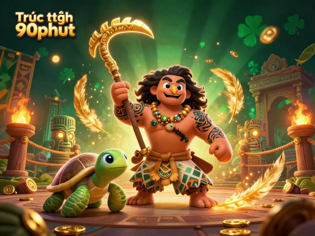 Engaging illustration of Trực tiếp 90phut showcasing a Polynesian demigod with gambling elements, vibrant and dynamic.