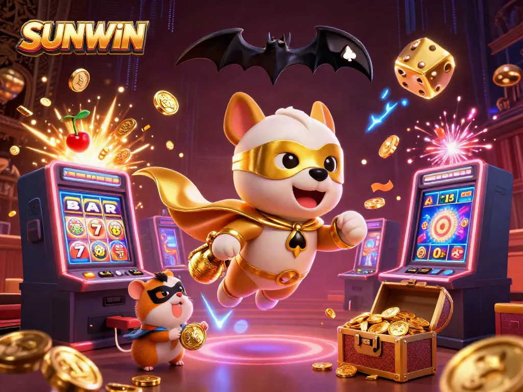 Experience the thrilling SUNWIN jackpot with a superhero dog and hamster in a vibrant casino adventure.