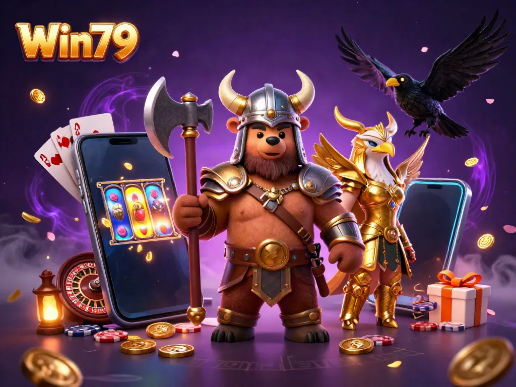 Win79 showcases a vibrant 3D gambling scene with a Viking bear and Valkyrie eagle amidst casino elements.