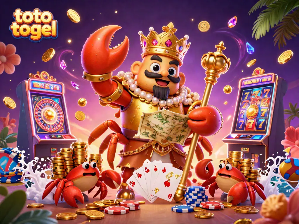 Play toto togel and win with a vibrant scene of a golden crab emperor, treasure, and casino elements.