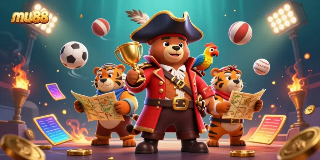 Immerse in mu88's energetic gaming scene featuring a pirate captain bear and tiger with dynamic sports elements.