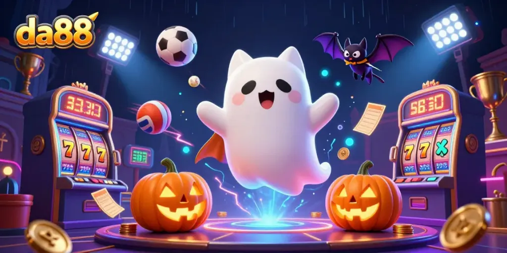 Experience thrilling gameplay at da88, featuring a friendly ghost cat, vampire bat, and exciting slot machines!