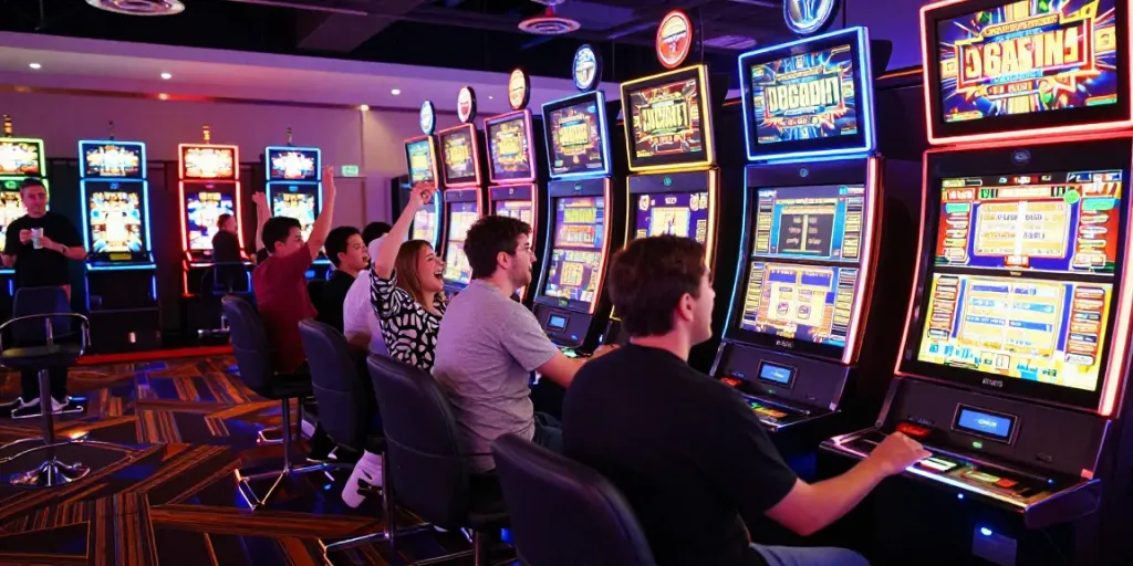 Players celebrating wins at slot machines in a vibrant casino setting.