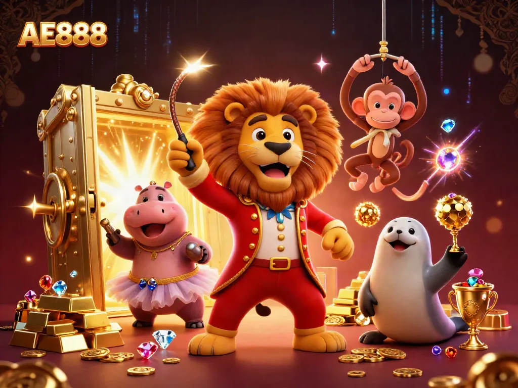 Experience the excitement of AE888 at a vibrant casino with lively characters and treasures.