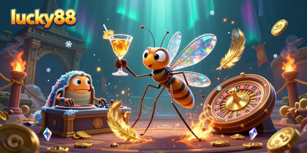 Engage with luck and excitement at lucky88 through a vibrant casino scene with unique characters and dynamic gaming elements.