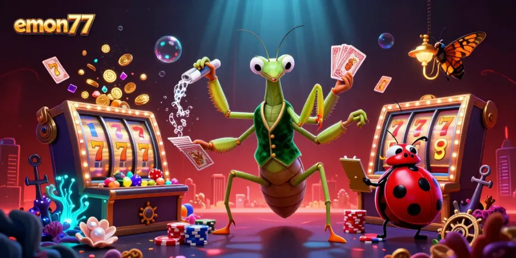 Engage with thrilling slot gameplay in this vibrant "emon77" illustration featuring a whimsical praying mantis dealer.