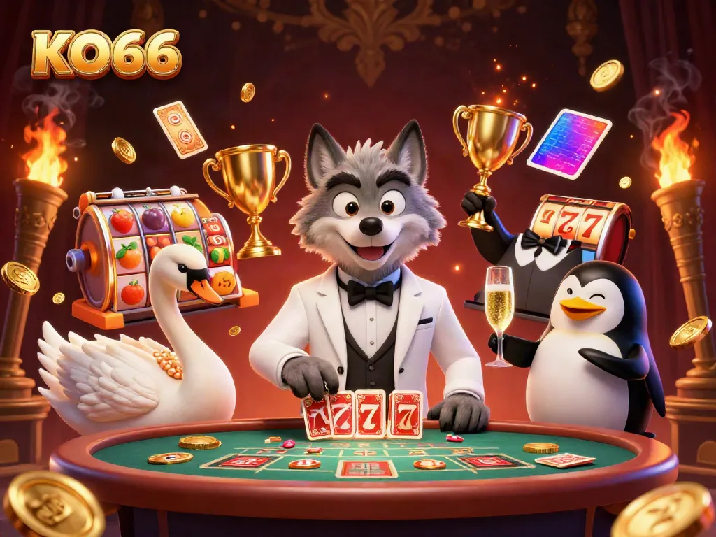 Engaging KO66 casino scene featuring a debonair wolf, elegant swan, and penguin in action.