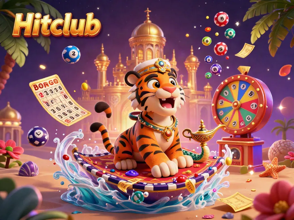 Experience the thrill of Hitclub, featuring a vibrant gambling scene with a magical tiger sultan, surrounded by dynamic lottery elements.