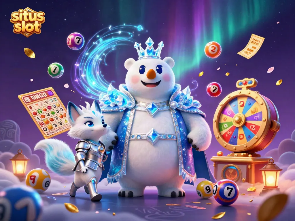 Situs slot illustration with a polar bear and snow fox amidst vibrant slot elements, showcasing a dynamic casino scene.