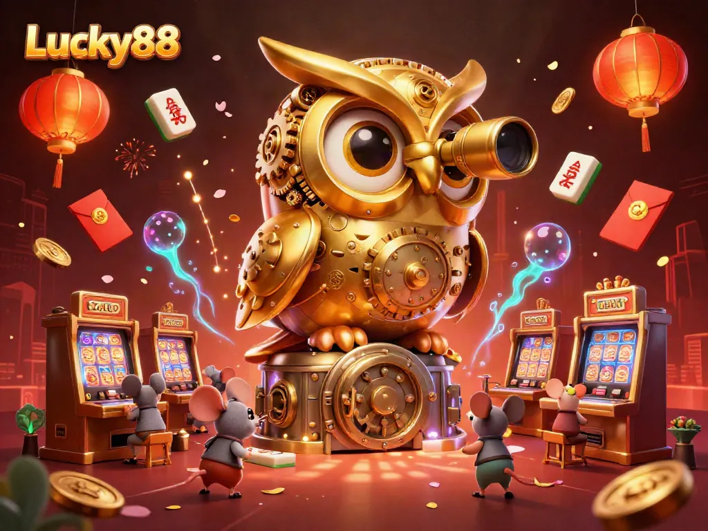 Engage with Lucky88's vibrant casino atmosphere featuring a clockwork owl and playful mice amidst rich gaming symbols.