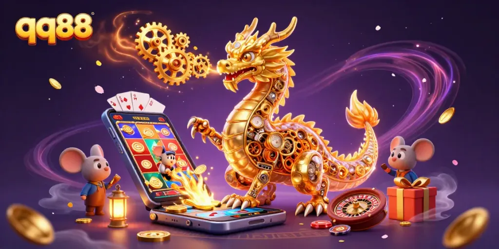 Experience thrilling play at qq88 casino with a golden dragon and vibrant game elements.