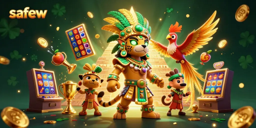Experience safe and thrilling gameplay with safew, featuring dynamic slot elements and a vibrant Mayan scene.