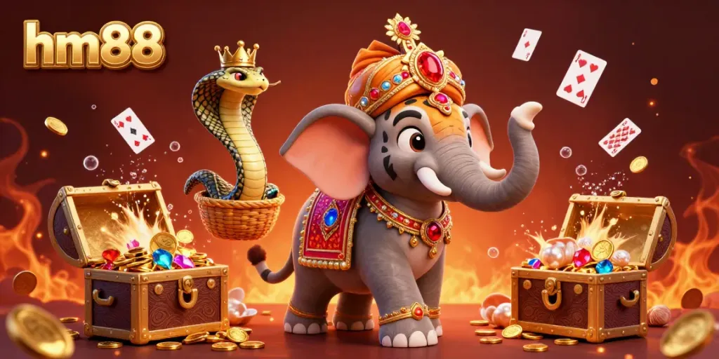Bet any time with hm88 Casino’s fun-filled illustration depicting a vibrant scene of winning with gold coins and treasure.
