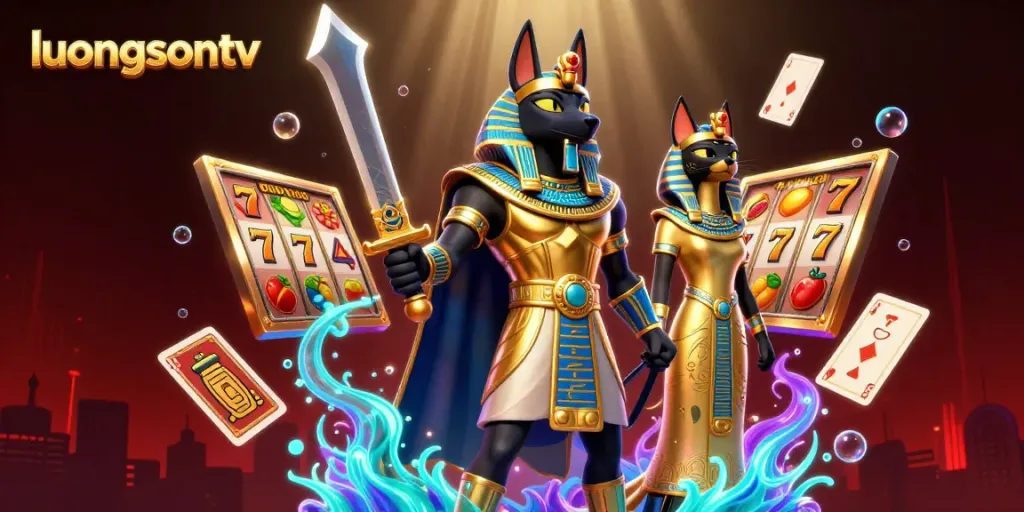 Engage in thrilling gaming action with luongsontv, showcasing ancient Egyptian themes and dynamic casino elements.