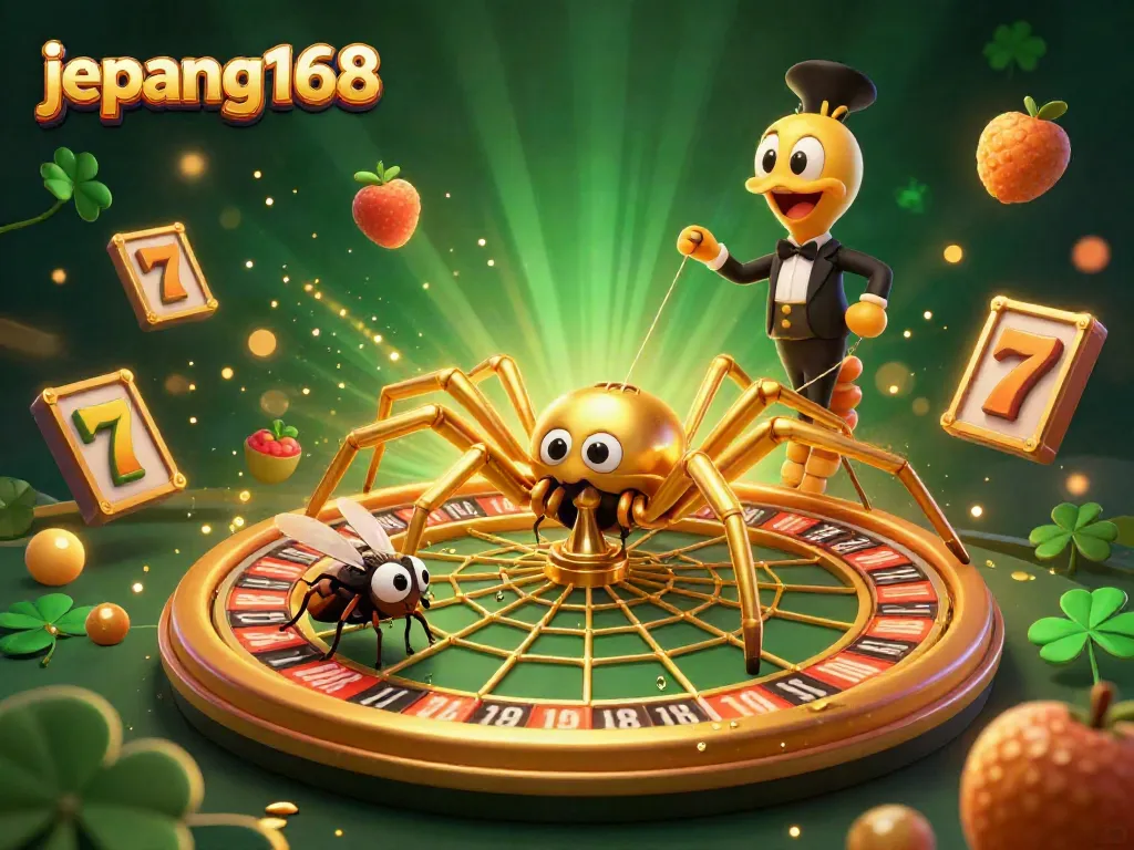 Place bets at jepang168 while a golden spider spins a roulette wheel-shaped web in this captivating illustration.