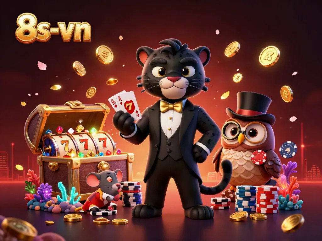 Engage in thrilling casino adventures with 8s-vn, showcasing a vibrant 3D illustration featuring playful characters and gambling elements.