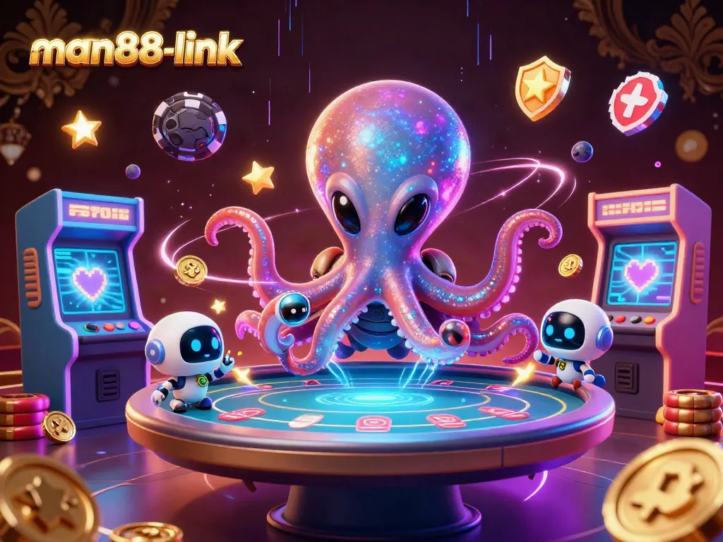 Experience thrill with man88-link's advanced holographic poker game amid vibrant cosmic elements.