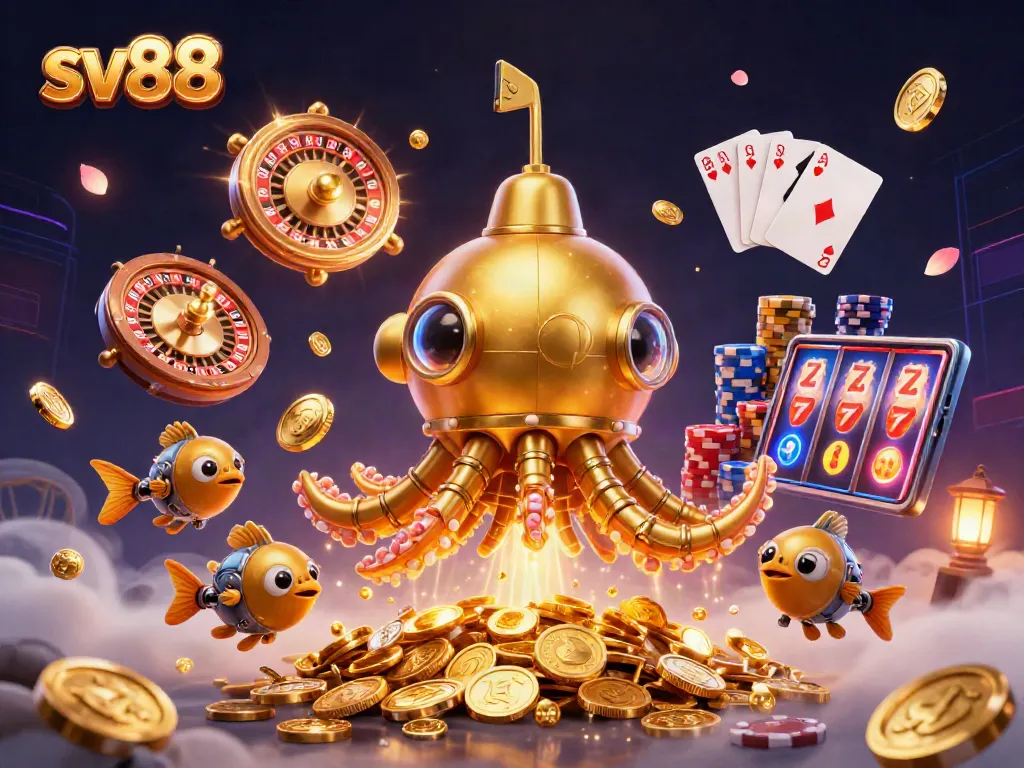 Experience the thrilling world of sv88 with a vibrant underwater casino scene filled with gold coins and winning gems.