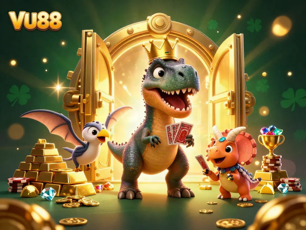 Engage with VU88's dynamic casino scene featuring a T-Rex shuffling cards and a triceratops stacking chips.
