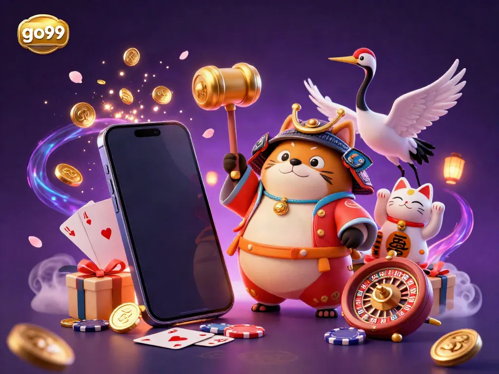 Enjoy thrilling gaming with go99's colorful slots featuring a cheerful tanuki and lucky elements.