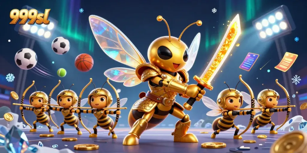Win big at 999sl with dynamic sports action featuring golden hornet warriors and golden trophies.