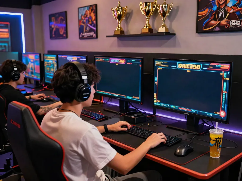 Engaged player enjoying slot88 game on a dynamic gaming setup with vibrant screens and ambient lighting.
