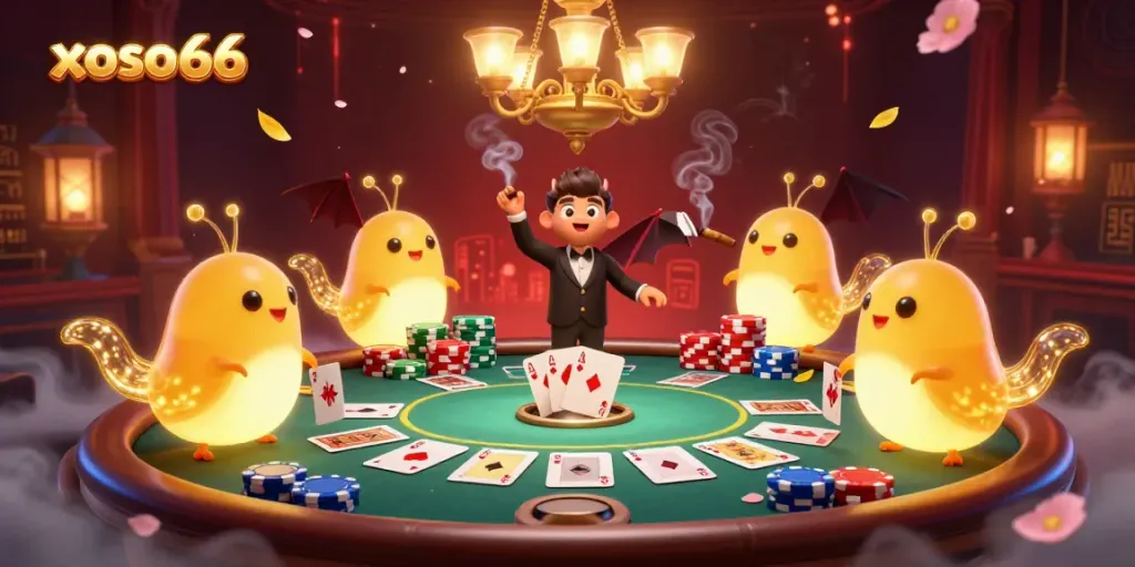 xoso66 illuminates the casino with vibrant glowworms, featuring poker elements and engaging atmosphere.