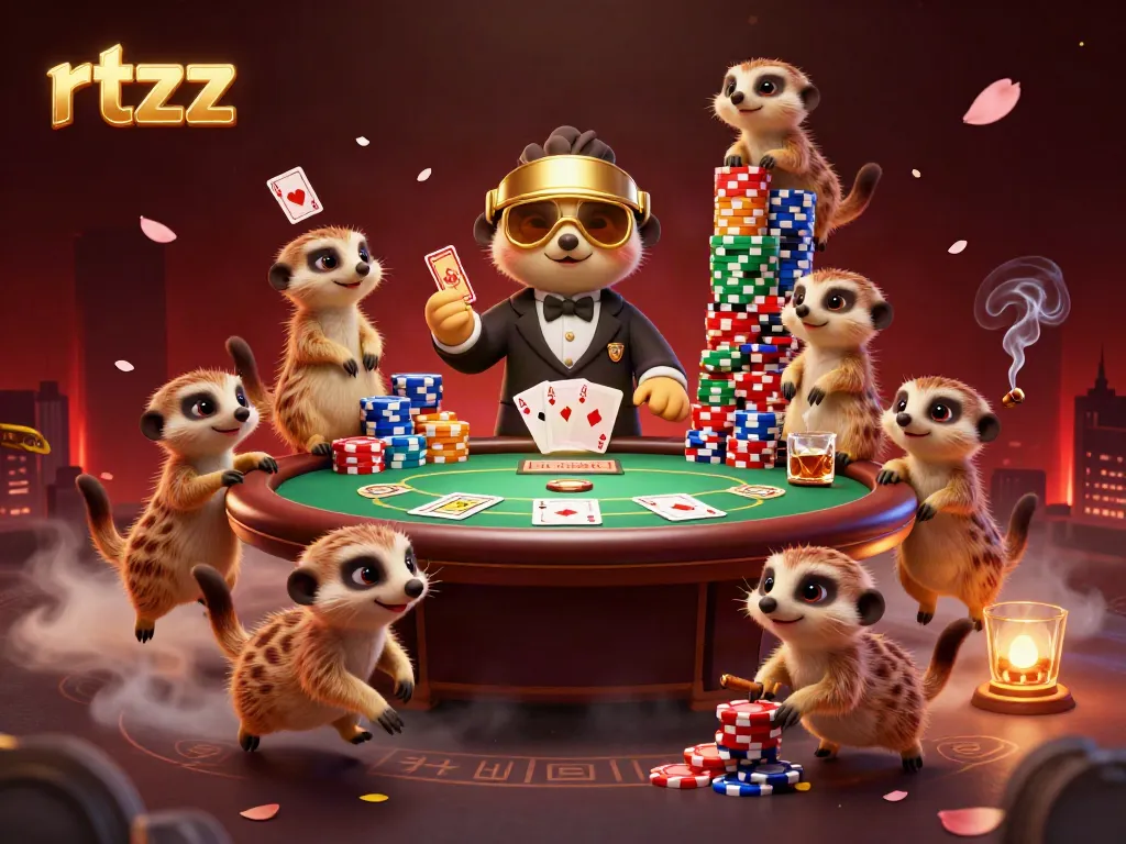 Meerkats running a fun casino game scene with poker elements and colorful chips featuring rtzz branding.
