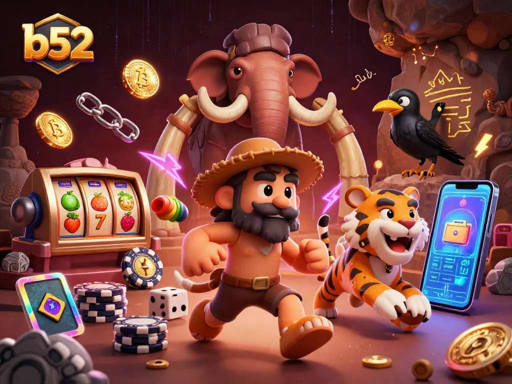 Win big at b52 with a vibrant prehistoric casino scene featuring unique characters and slot game elements.