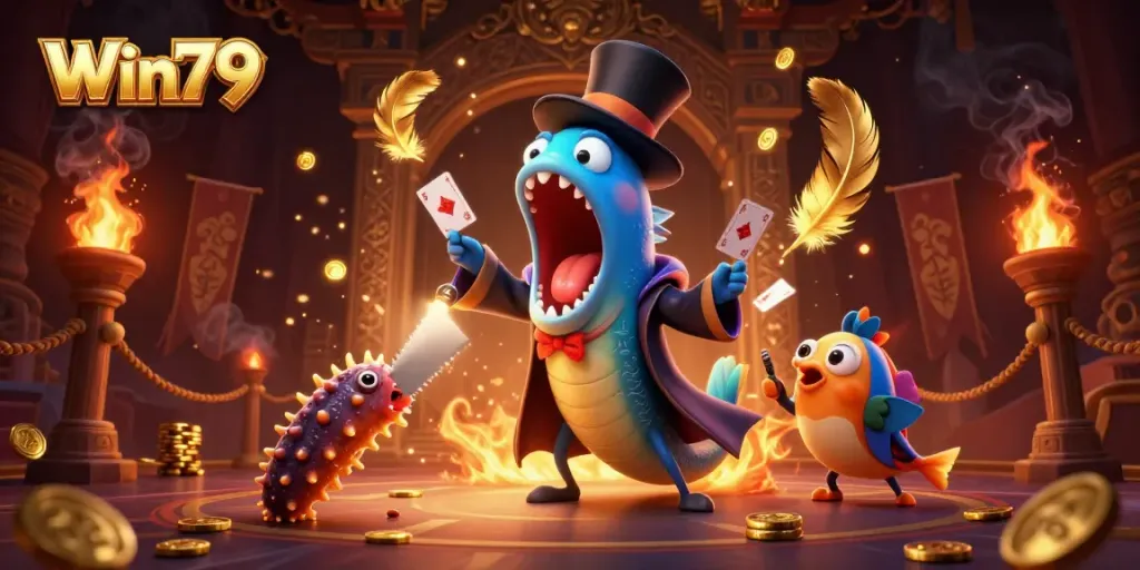 Win79 features a vibrant 3D scene with a gulper eel magician and whimsical characters showcasing online gambling magic.
