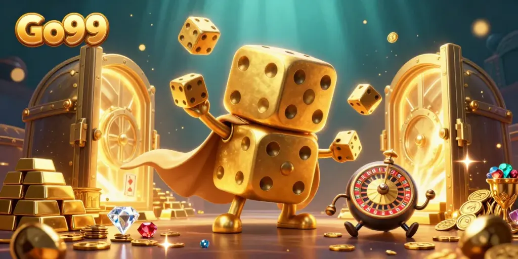 Engage with Go99's thrilling gaming experience featuring a golden dice golem and captivating treasures.