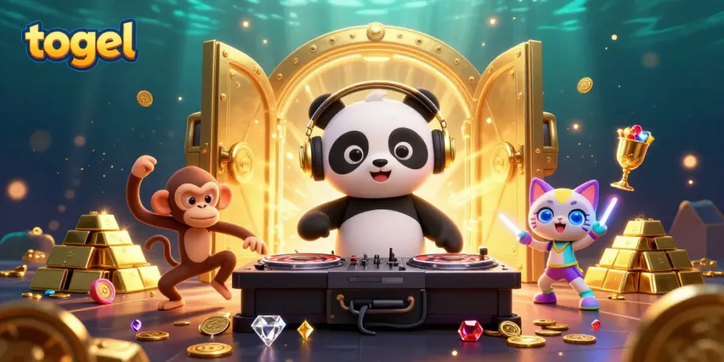 Gambarkan suasana bermain togel dengan panda DJ, monyet breakdance, dan kucing rave