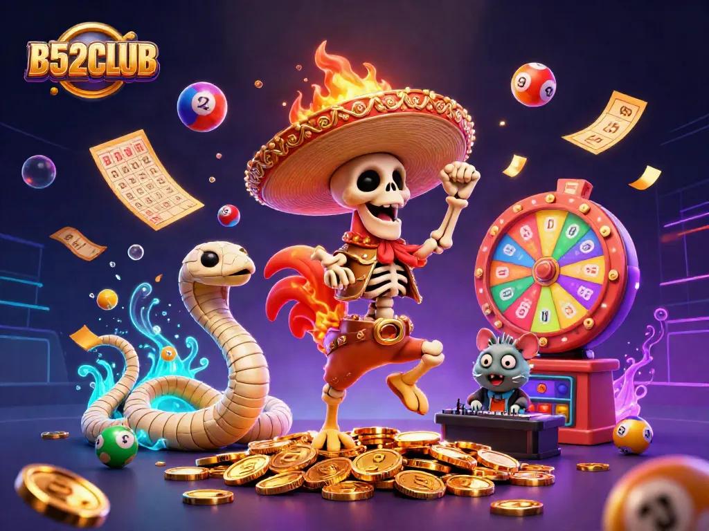 B52CLUB shows a dancing skeleton rooster amid colorful lottery elements symbolizing exciting online casino gaming.