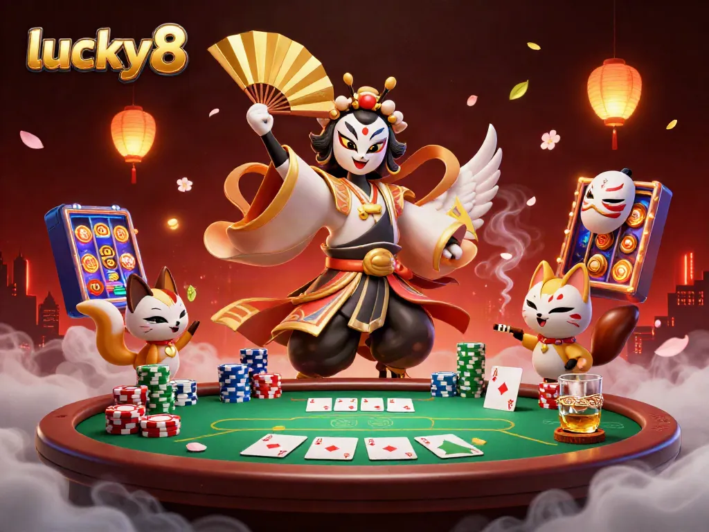 Engage in thrilling gameplay at lucky8 with a vibrant casino scene featuring dynamic characters, poker elements, and slot machines.