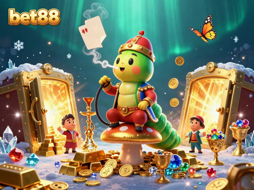 Win big at bet88 with vibrant 3D illustration showcasing casino elements and a whimsical caterpillar master.
