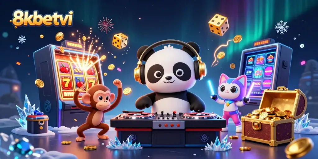 Experience excitement with 8xbetvi's vibrant casino scene featuring characters and jackpot elements.