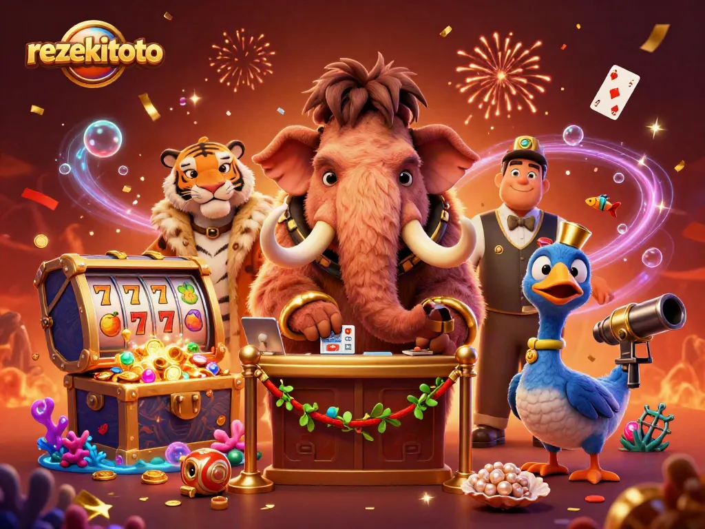 Experience gaming excitement with rezekitoto as a mammoth checks IDs, surrounded by slot reels and treasure.