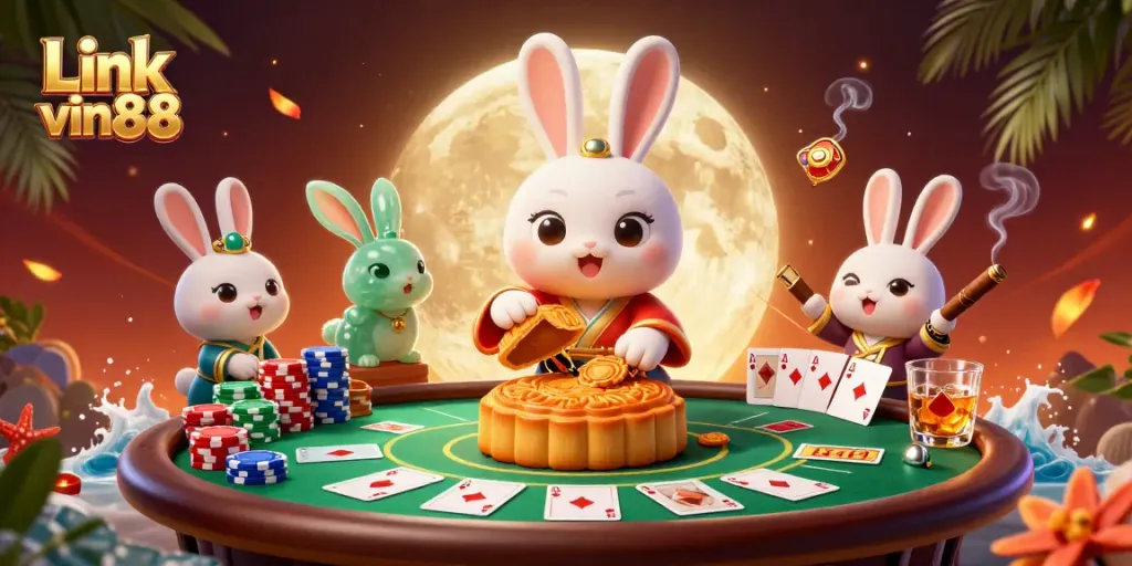 Bet on big wins at Link vin88 with a 3D moon rabbit feature and poker chips.