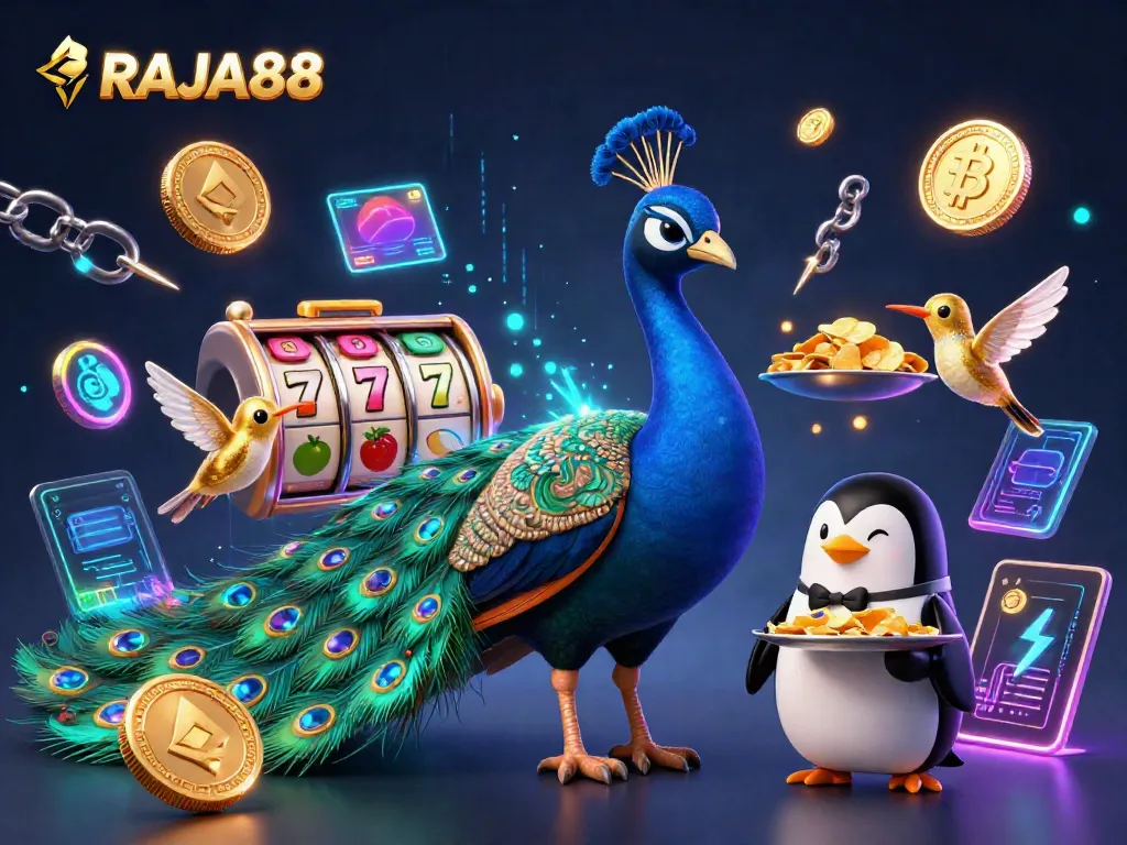 Engage in slots with RAJA88, featuring a vibrant peacock and charming characters amidst casino symbols.