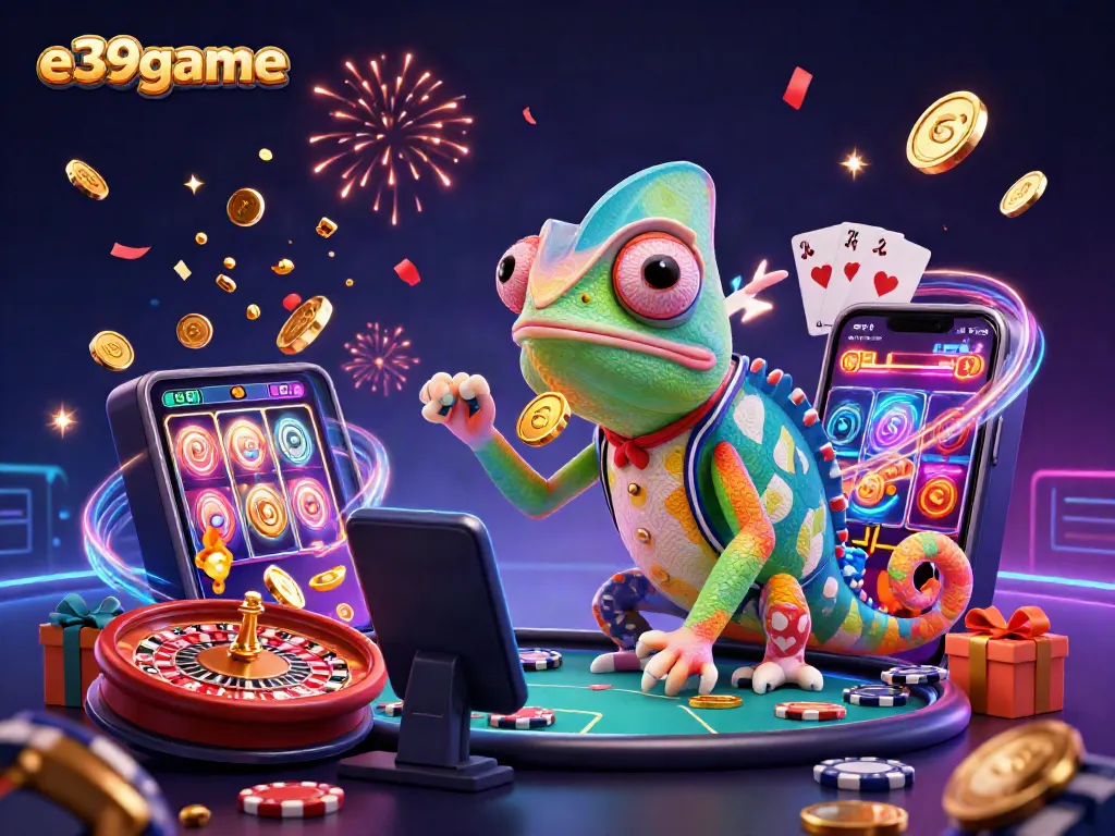 E39game represents a vibrant casino scene with an enormous chameleon owner, colorful gaming elements, and celebrating confetti.