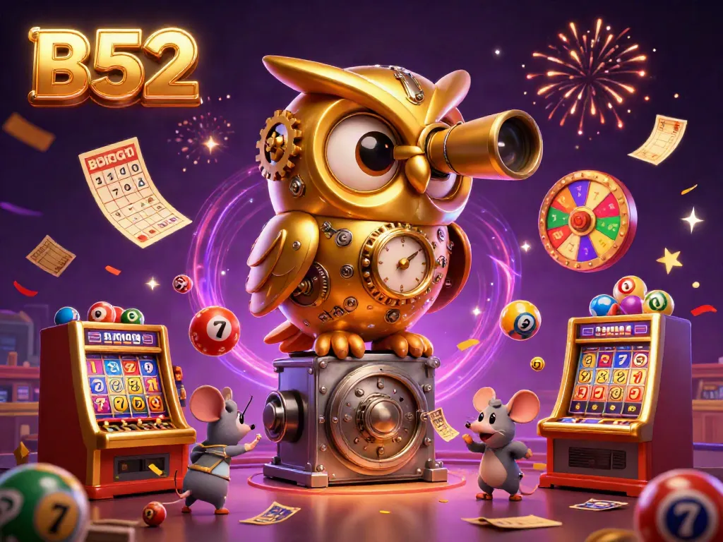 B52 seamlessly blends vibrant casino elements with a magical owl in a dynamic gaming environment.