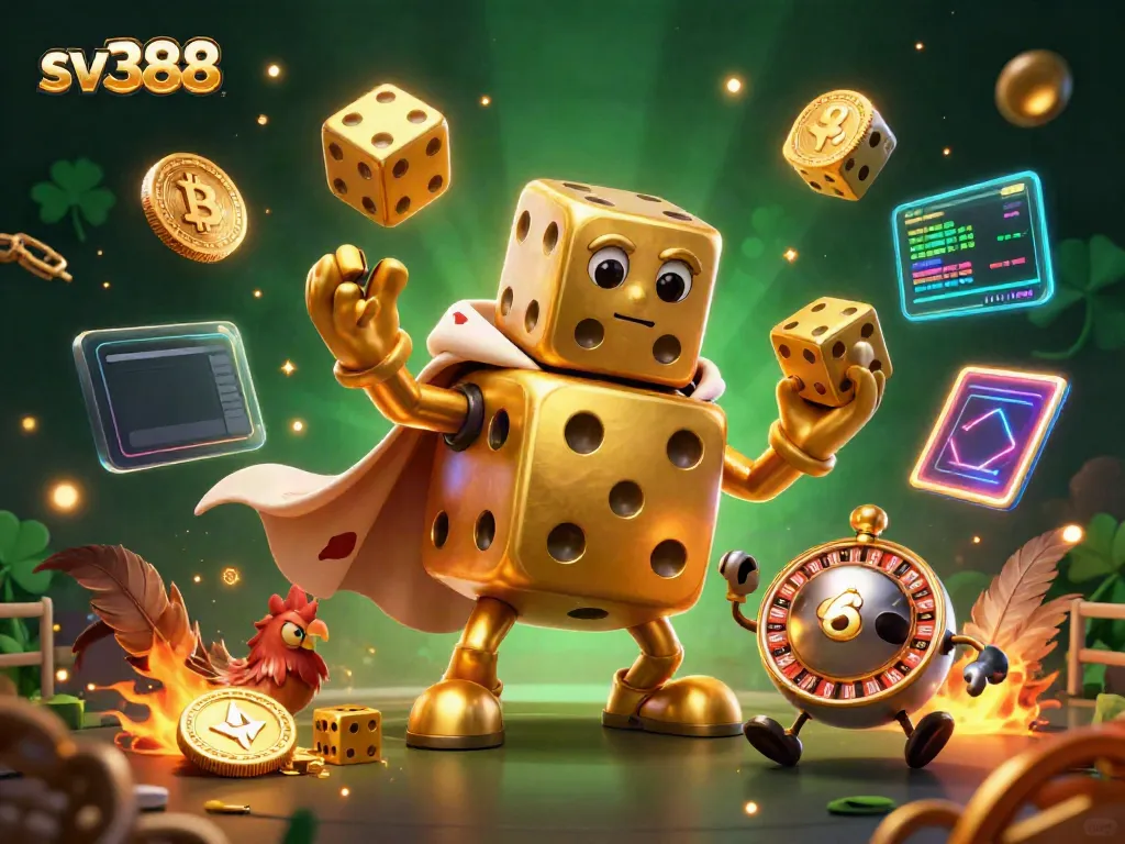 Engage in thrilling cockfighting action at sv388 with an animated golden dice mascot and crypto elements.