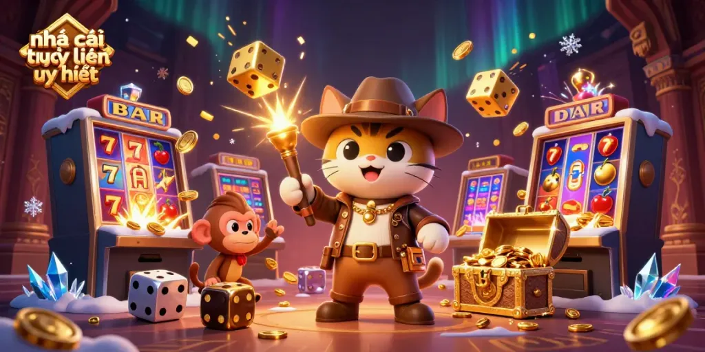 Experience the excitement of nhà cái trực tuyến uy tín with a thrilling 3D adventure scene featuring a cartoon explorer and dynamic casino elements.
